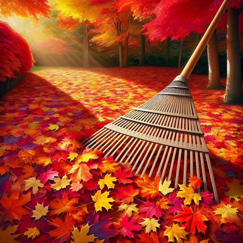 Colorful autumn leaves covering the ground with a rake nearby.