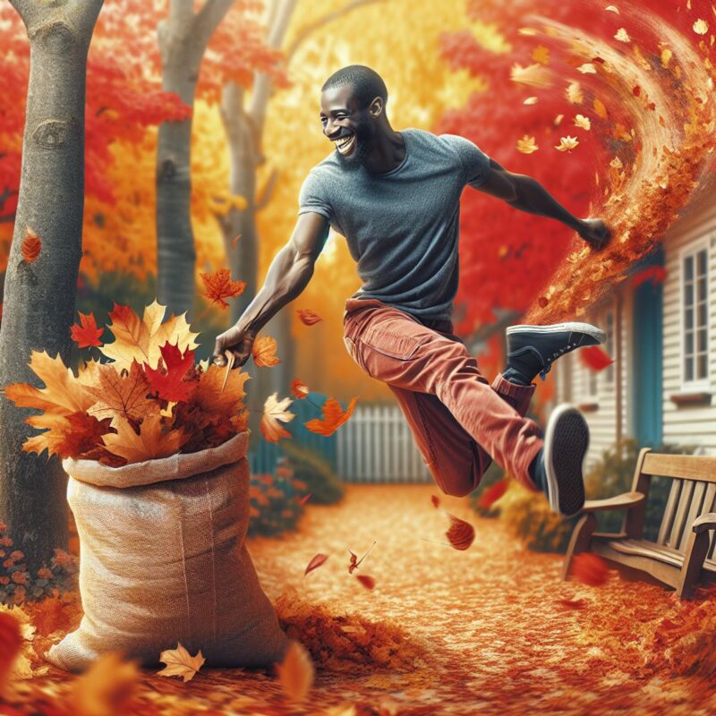 A man happily bagging autumn leaves.