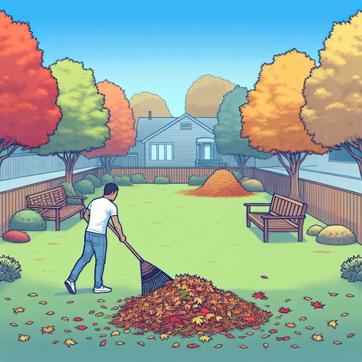 A person of Hispanic descent rakes fallen leaves in a tidy and well-kept backyard, surrounded by autumn colors and a well-manicured lawn.