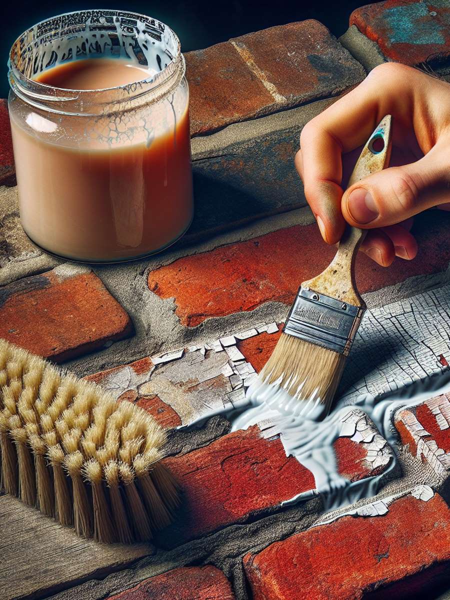 A hand applying paint thinner to a brick surface with layers of old paint, causing the paint to flake and dissolve. A wire brush rests nearby, ready for use.