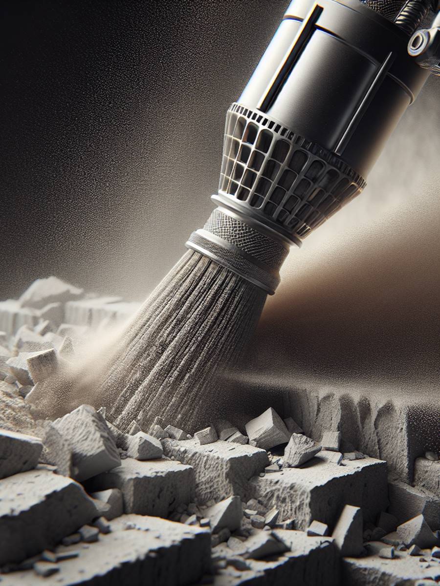 Close-up of sandblasting nozzle releasing fine particles onto a rugged brick surface.