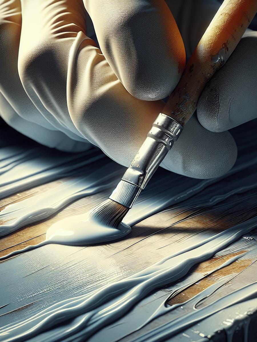 A hand wearing a glove meticulously applies a thick layer of gel onto a previously painted surface, with the light catching and glossing off the substance. The texture of the paint underlying the gel is clearly perceptible, accentuating the contrast between the rough surface of the painted area and the smooth texture of the gel.