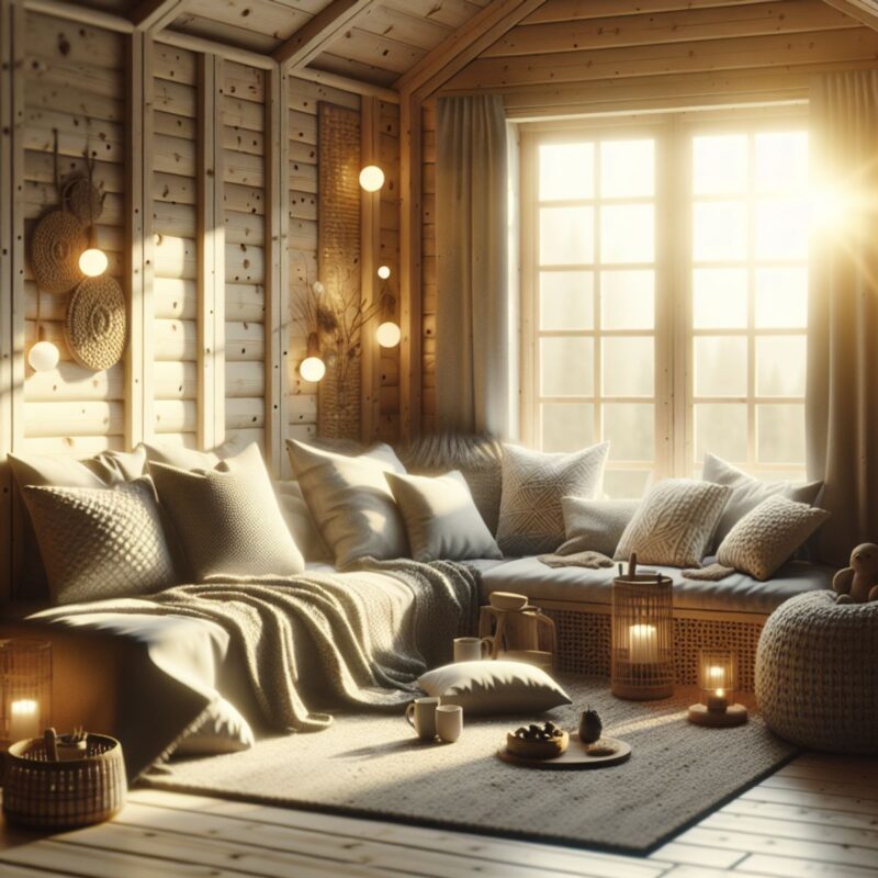 A cozy room with warm lighting, plush cushions, and natural textures like wood and stone, evoking a sense of relaxation, comfort, and joy.