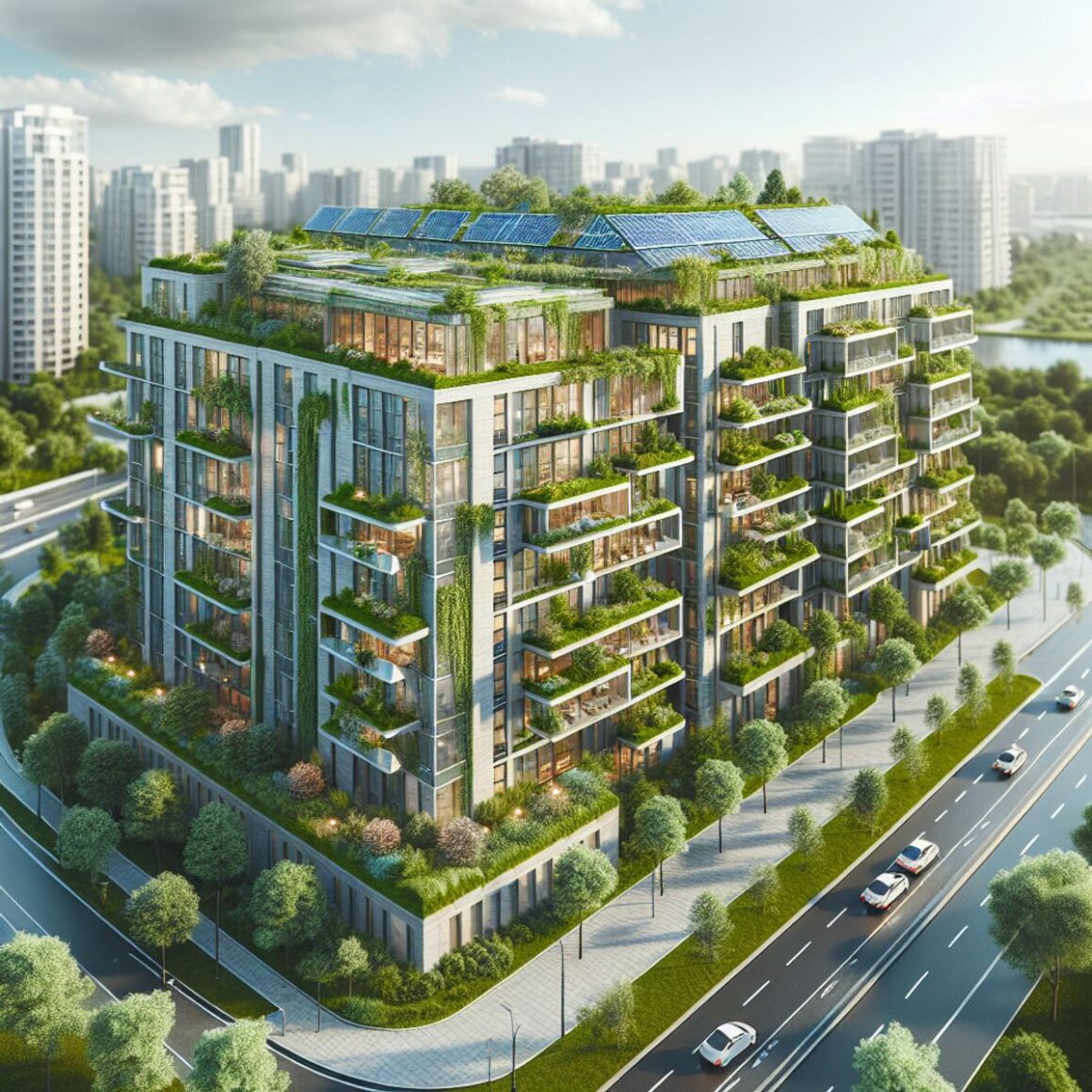 A contemporary apartment building with eco-friendly features and solar panels surrounded by lush greenery.