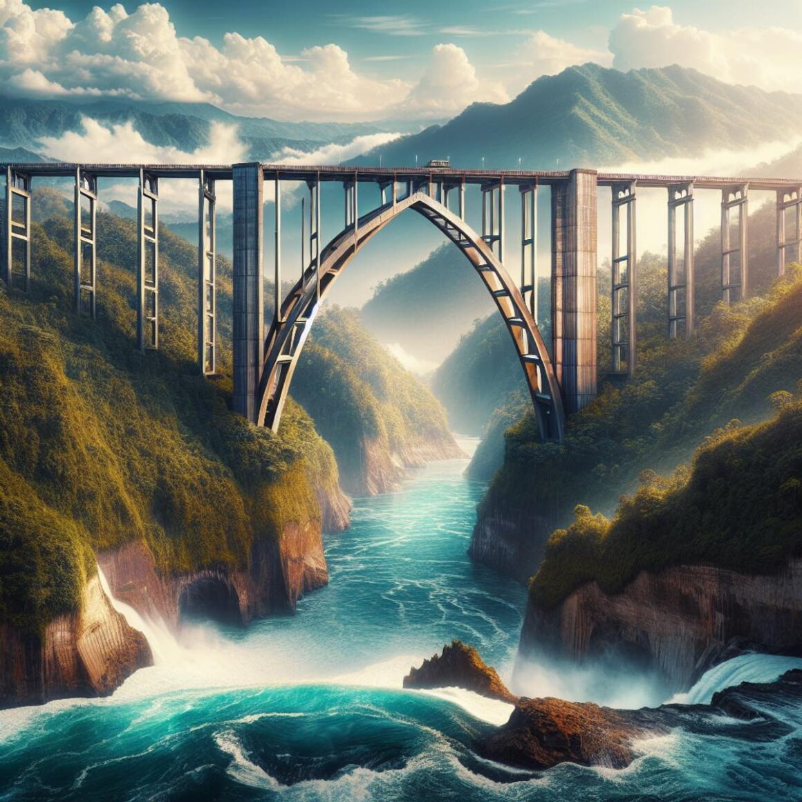 A majestic bridge spans a wide river in a mountainous region, with lush greenery and clear blue skies surrounding it.