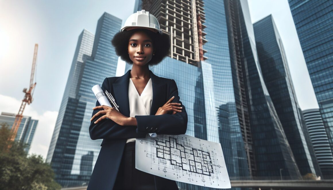 A female structural engineer standing confidently in front of a glass skyscraper, holding a hard hat and engineering tools.