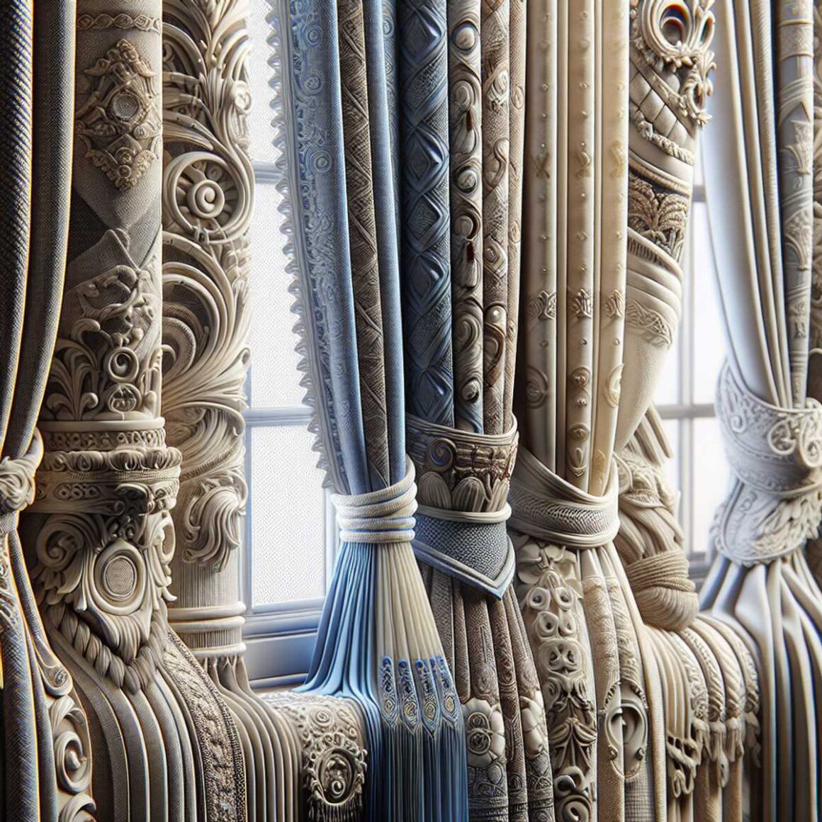A close-up of a variety of window curtains with different patterns and textures.