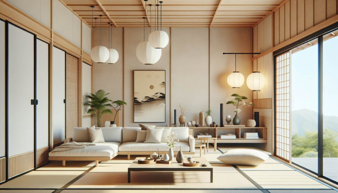A serene, well-organized living room with clean lines, natural materials, and a Japandi aesthetic.