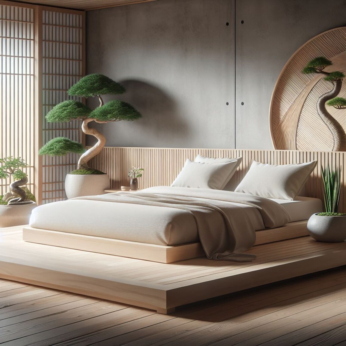 Japandi-style bedroom with light wood platform bed, bonsai, and snake plants