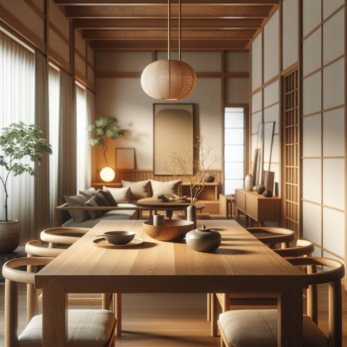 Japandi-style dining room with warm lighting and a simple wooden table