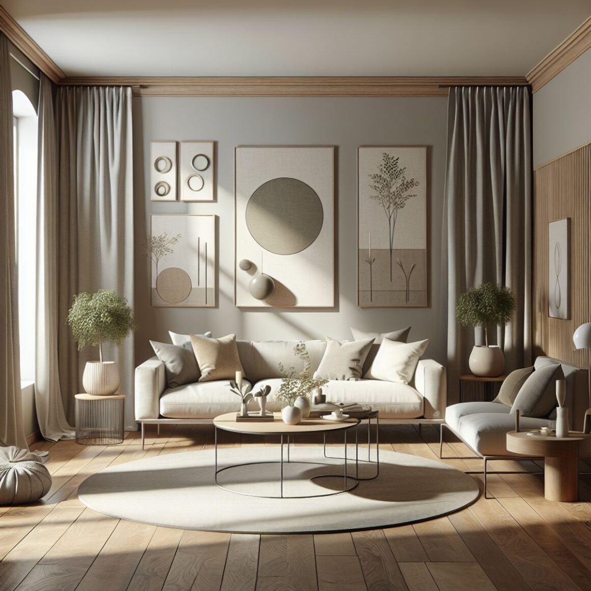 A cozy living room with a neutral color palette, natural window curtains, comfortable seating, a coffee table, decorative plants, and sophisticated wall art.