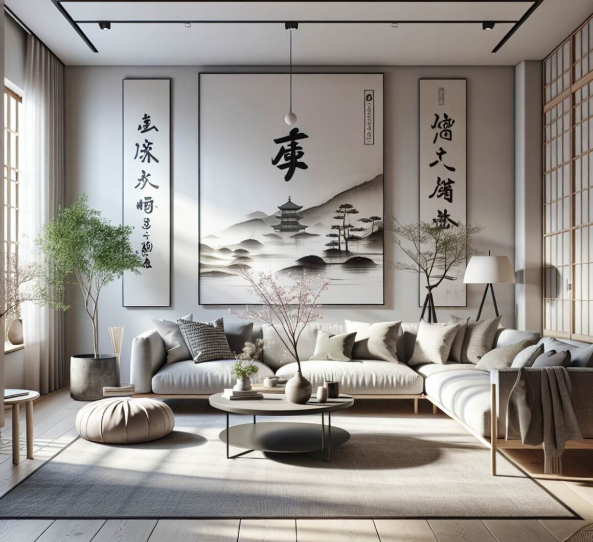 A living room with low-profile couches, clean lines, and natural materials, combining Japanese and Scandinavian design aesthetics.