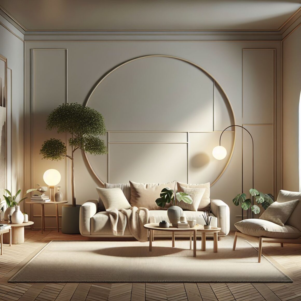 A serene living room with minimalistic decor and neutral colors, featuring soft lighting and cozy furniture.