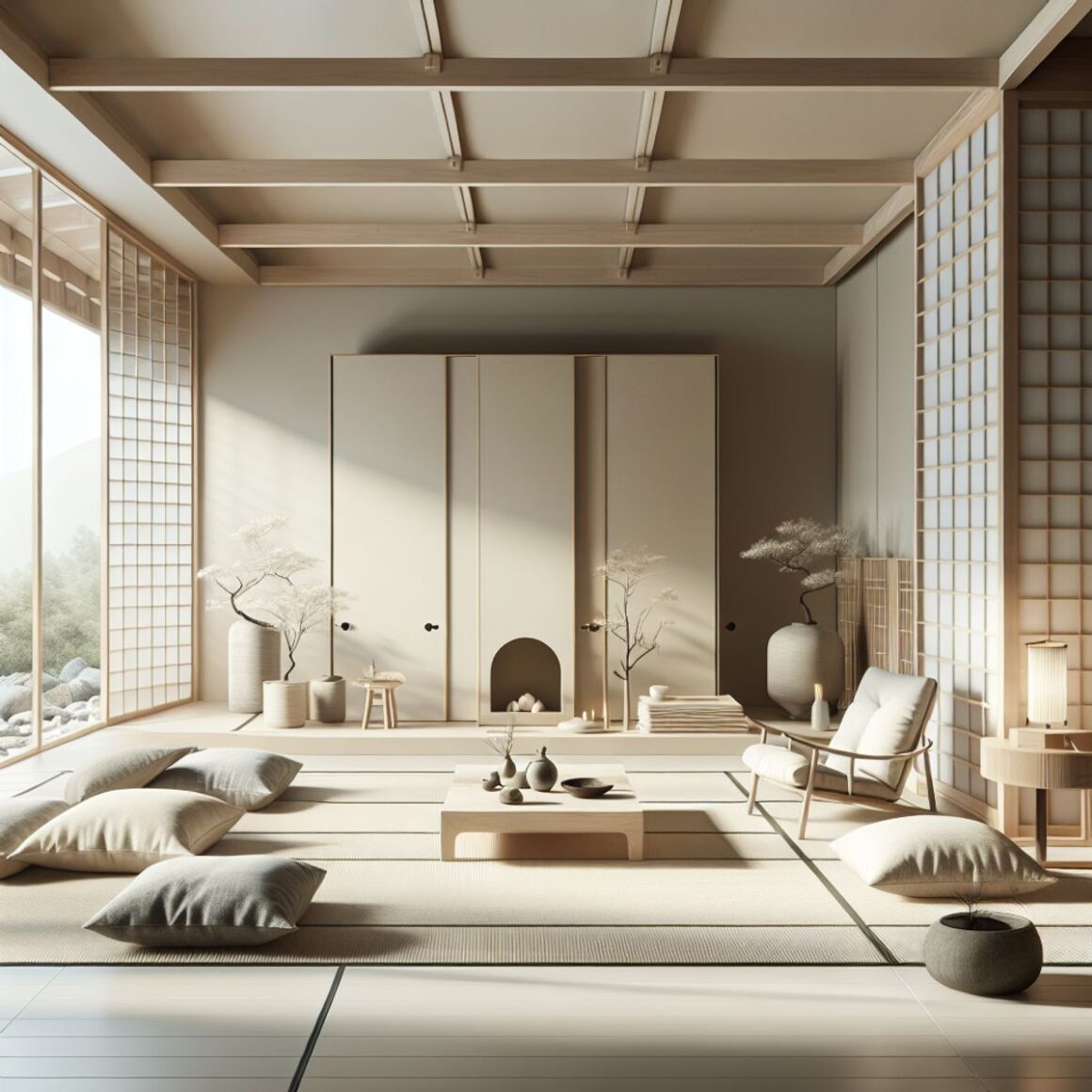 A serene and minimalist Japanese-inspired room with Scandinavian design elements.