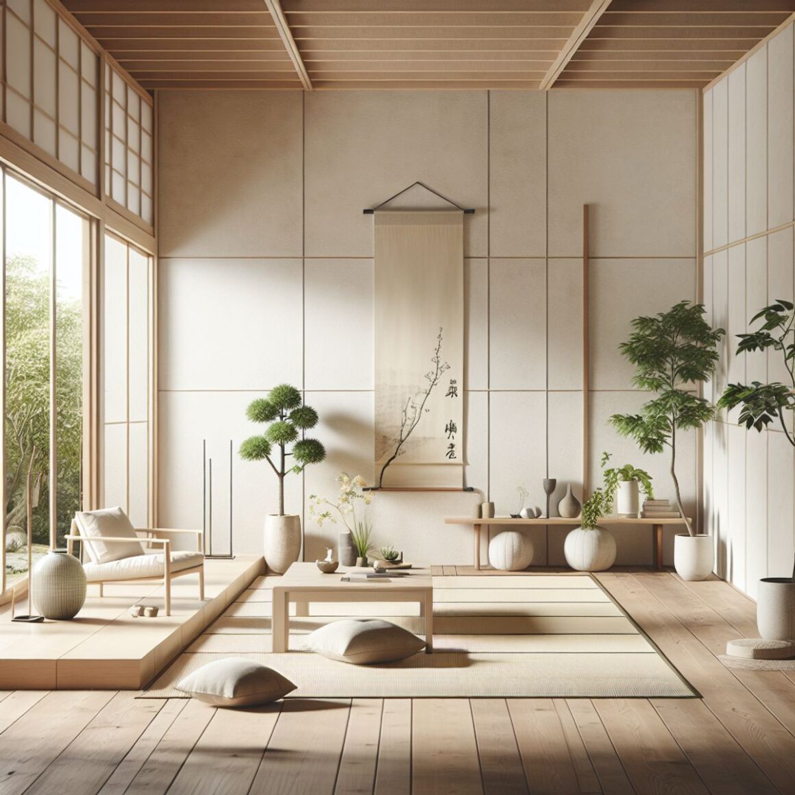 A serene, minimalist living space with elements of Japanese and Scandinavian design. Natural textures, light woods, neutrals with pops of color, and organic forms. Low table, clean-lined furniture, large window, off-white walls, wooden floors, indoor plant, traditional Japanese scroll without visible text.