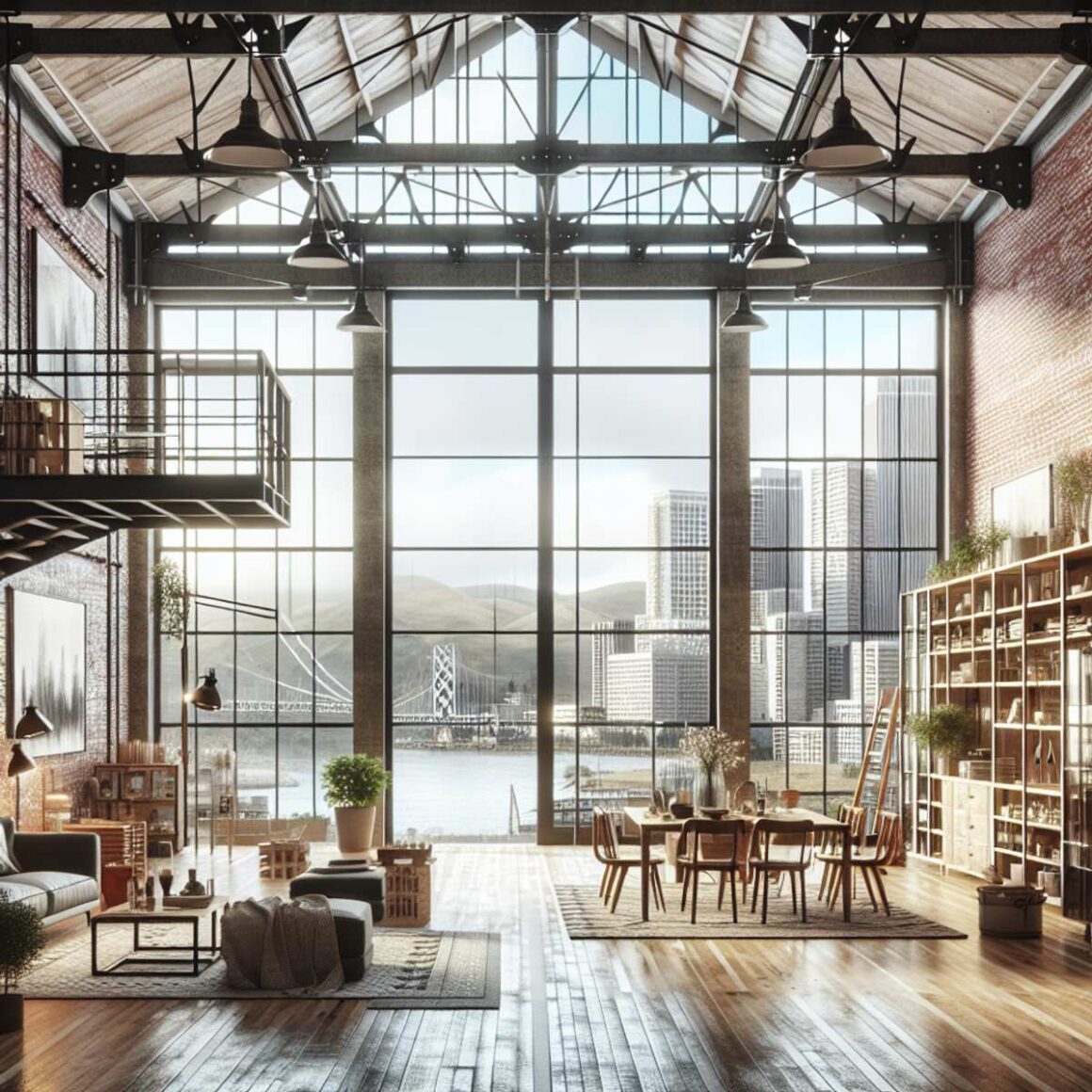 A modern loft apartment with high ceilings, exposed brick walls, and a blend of industrial and Japandi aesthetics.