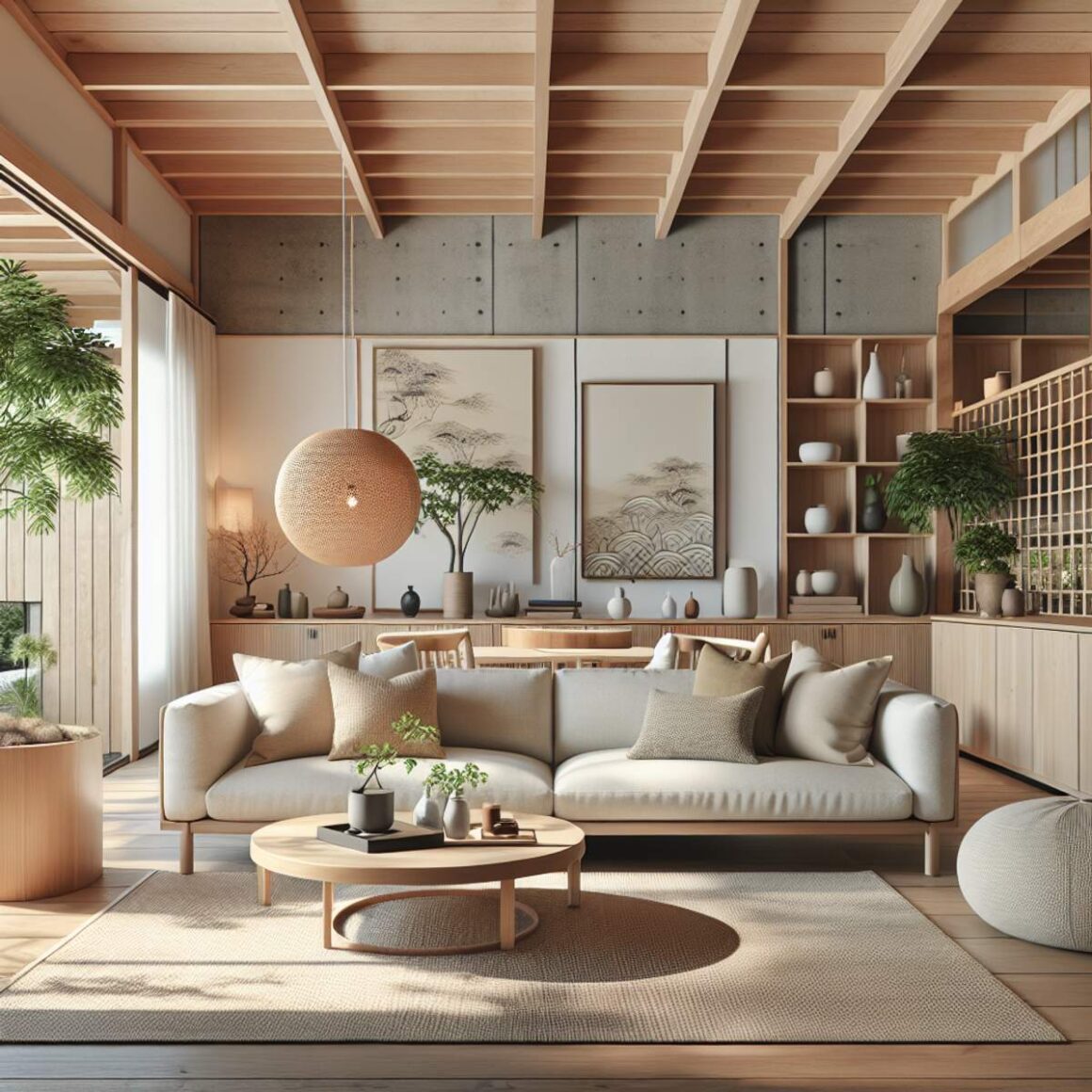 An open-space living room with low-set sofas, unadorned wooden tables, simple rugs, neutral color cushions, ambient lighting, soft textures, and indoor plants.