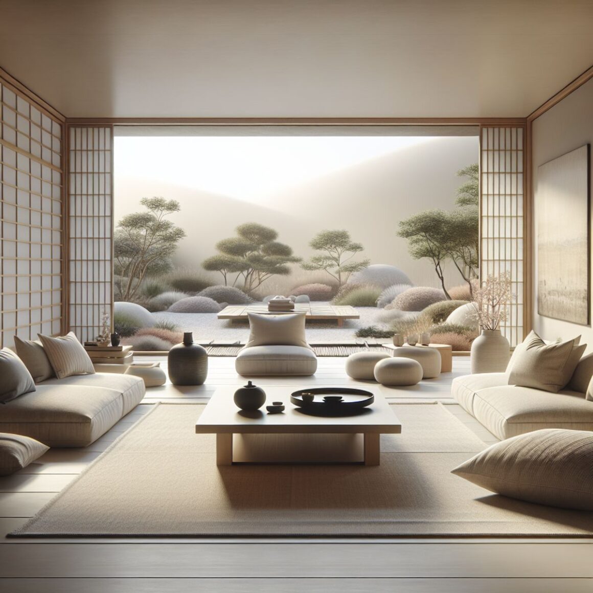 A tranquil, minimalist living room embodying the philosophy of Japandi design.