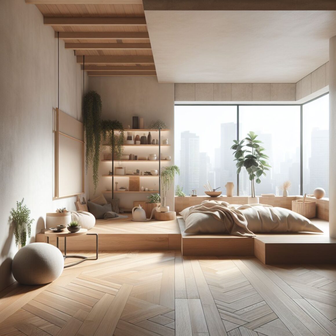 A small studio apartment with clean lines, natural materials, and a minimalist design aesthetic. The space features wood and stone elements, soft lighting, and an overall sense of tranquility.
